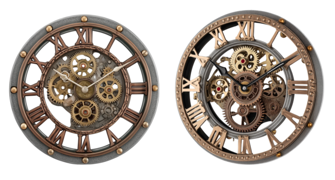 steampunk inspired clock featuring intricate gears on transparent background