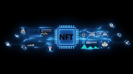 abstract glowing NFT processor with connections and signals. Technology NFT background. Pulses and signals from the chip propagate through the motherboard. 4k animation isolated on black backgound.