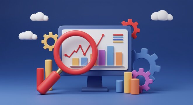 Colorful 3d illustration of data analysis and business growth on a blue background