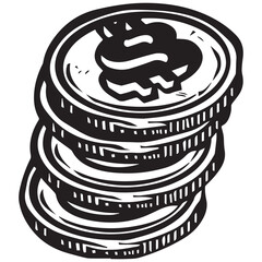 Stylized Black and White Illustration of a Stack of Coins Featuring a Prominent Dollar Sign on the Top Coin