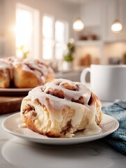 Freshly baked delicious cinnamon roll drizzed with cream cheese icing in cozy kitchen setting, perfect food photo for food blog, food magazine, baking advertising and promotion, food styling