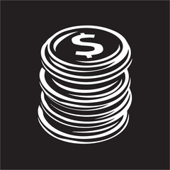 Monochrome Icon of Stacked Coins with Dollar Sign Emphasizing Financial Growth and Monetary Value on Black Background