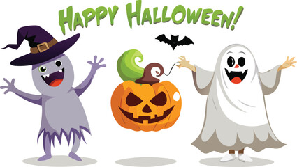 Scary Halloween cartoon vector illustration set with pumpkin, ghost, and witch