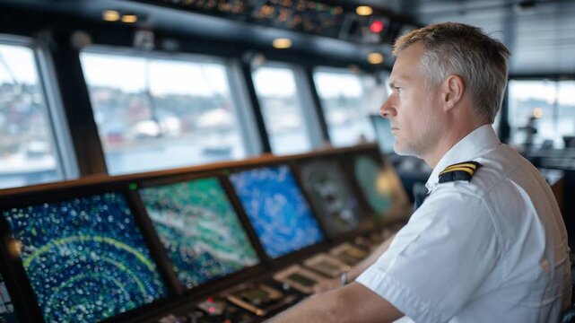 A ship captain expertly navigates congested shipping lanes using radar screens and navigation instruments from the bridge.