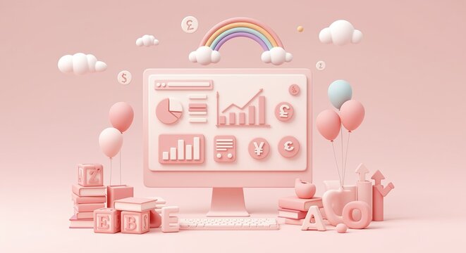Pastel pink computer screen illustrating financial data charts and educational elements