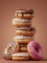 Glossy donuts stacked in a pyramid shape on a clean neutral background with vivid textures and colorful icing, ideal for bakery promotions and dessert branding