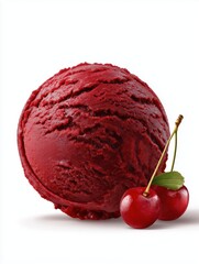 Delicious cherry ice cream scoop with fresh cherry on white surface background, sorbet, food promotion, design, menu mockups, advertising.