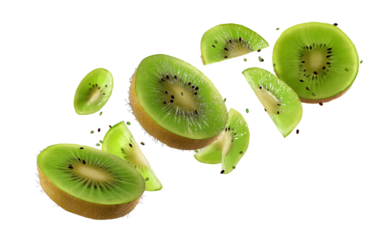 fresh flying sliced kiwi fruits on transparent background, png