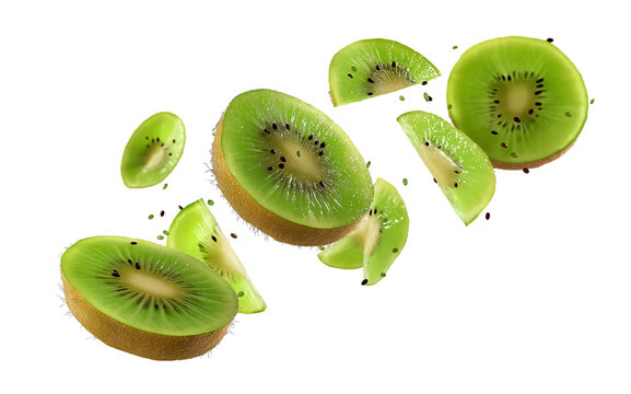 fresh flying sliced kiwi fruits on transparent background, png