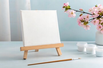 A miniature canvas on a wooden easel, paint pots, and a paintbrush are arranged alongside delicate cherry blossom flowers, creating a serene and artistic still life scene