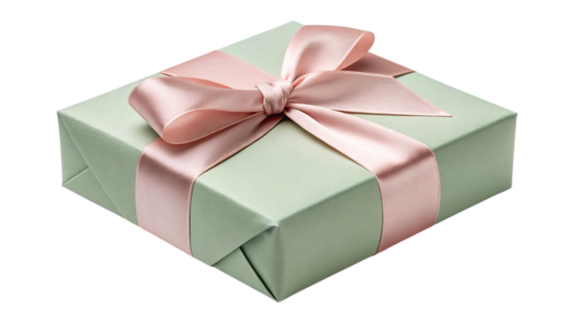 Elegant gift box wrapped in sage green paper with soft pink ribbon for special occasions and celebrations