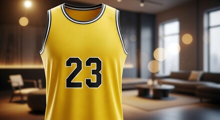 A bright yellow sports jersey with black number twenty-three hangs in a modern room.
