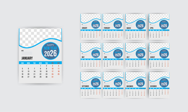 2026 calendar template. Calendar concept design with abstract natural patterns. Set of 12 months 2026 pages. Vector illustration