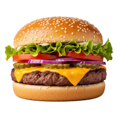 Perfectly assembled cheeseburger with golden sesame bun, juicy beef patty, vibrant melted cheddar, crisp lettuce, ripe tomato, red onion, dill pickle, on transparent background, concept of culinary