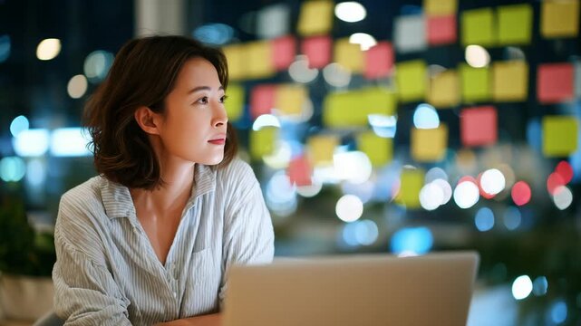 A 47-year-old woman uses sticky notes for brainstorming in her creative remote workspace.