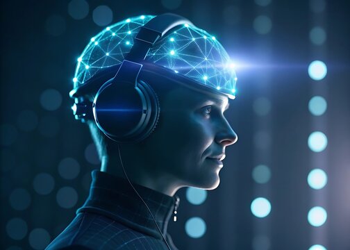 A woman with vr headset and glowing brain graphic, representing artificial intelligence, virtual reality, and the future of technology, showcasing innovation and connectivity