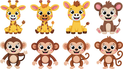 Fototapeta premium Set of cute cartoon safari animals with baby giraffes and monkeys sitting and smiling.