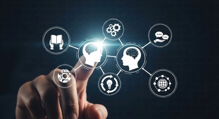 Finger touching digital interface with interconnected icons representing knowledge and learning