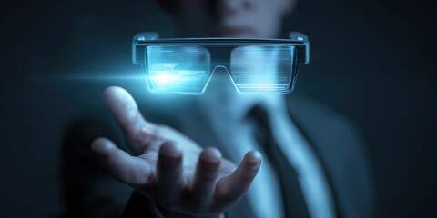 Futuristic Wearable Tech – Faceless Figure Presenting Floating Glowing Smart Glasses with AI HUD Overlay, Representing Augmented Reality Assistant and Next-Gen Digital Interfaces

