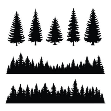 Art of collection of silhouette pine trees and forest landscape borders, isolated on white background
