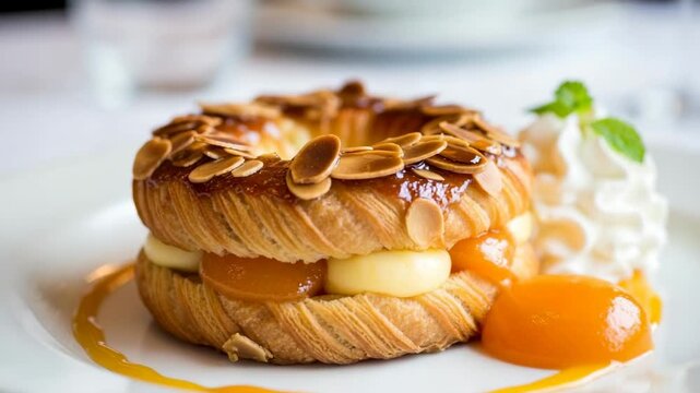 Delicious Paris Brest pastry with apricot filling and almonds. Gourmet French dessert with whipped cream on a white plate. Close up shot.