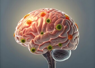Illustration of a human brain infected with viruses, depicting the concept of neurological diseases, infections, and the impact of pathogens on brain health and function, emphasizing medical research
