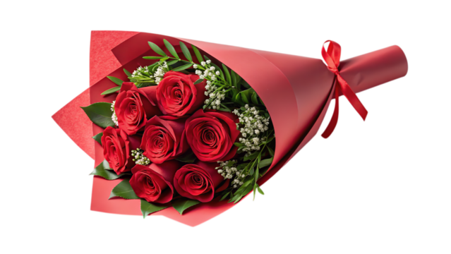 Stunning bouquet of vibrant red roses elegantly wrapped in red paper with a satin ribbon tie
