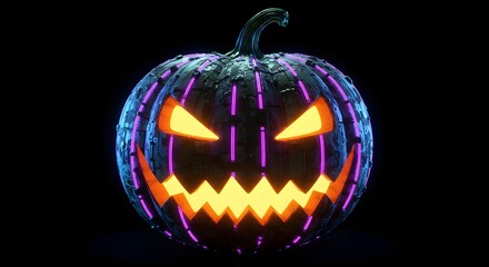 Obraz premium Glowing Spooky Halloween Pumpkin with Purple and Blue Neon Lights on a Dark Background