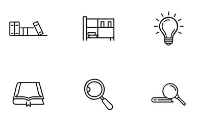 Collection of icons representing learning research and knowledge discovery through books and ideas	
