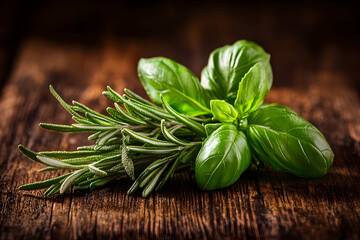 Fresh basil and rosemary herbs on rustic wooden surface