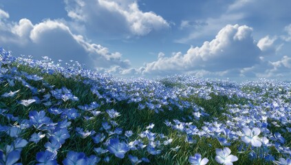 A field of tiny blue flowers under a vast blue sky