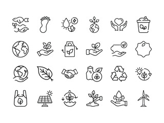 Diverse ecology icons represent sustainability, conservation, renewable resources, and minimal waste, all in line art