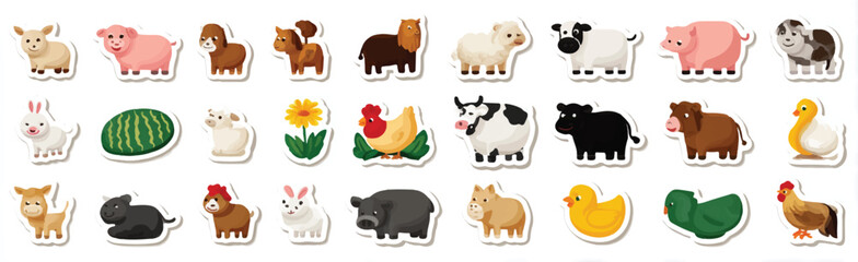 Obraz premium Farm Animal and Plant Sticker Set for Childrens Educational Materials Cute Cartoon Farm Animals and Garden Plants