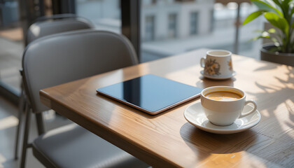 Minimalist coffee shop scene featuring tablet and steaming coffee cup in soft morning light