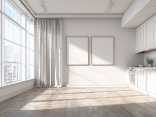 Obraz premium A large empty room with a window and a kitchen. The kitchen has a stove and a sink