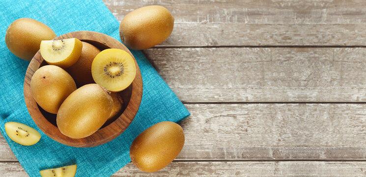 Kiwi Gold Yellow Fruit Wooden Bowl Top View