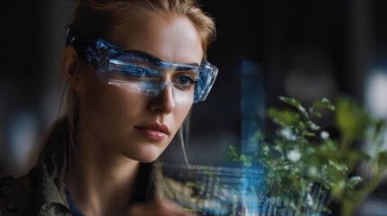 A woman wearing futuristic glasses looks at holographic images of plants in her hands; she is working on an eco-friendly project using virtual reality technology. 