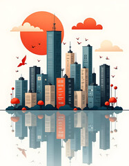 A colorful and artistic cityscape with reflections and birds in flight.
