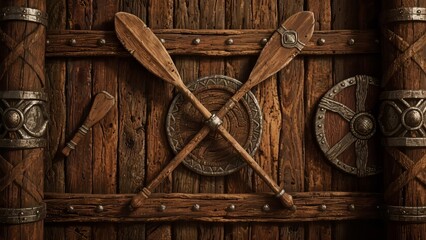Viking-themed wooden wall with crossed oars and shields