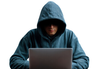 Photo of person wearing a hoodie using a laptop in a dark room possibly engaged in hacking or other cybercrime isolated on transparent background