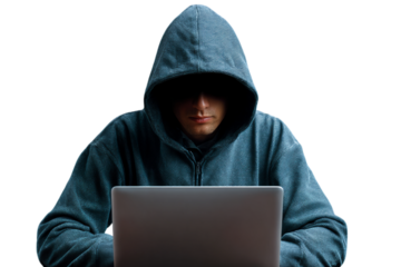 Photo of person wearing a hoodie using a laptop in a dark room possibly engaged in hacking or other cybercrime isolated on transparent background