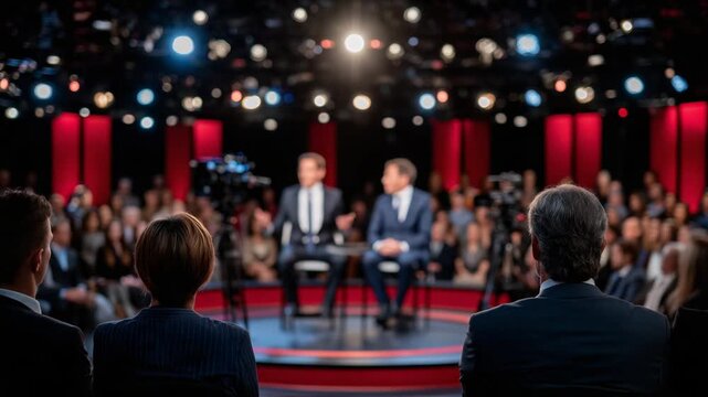 Engage in a gripping political debate as candidates face off under the spotlight, with attentive audiences and cameras capturing every moment.