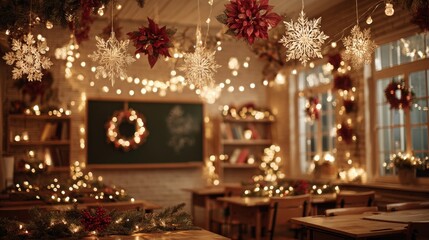 Inviting Elementary Classroom Interior Enhanced with String Lights and Paper Snowflakes for a Fun Learning Atmosphere during the Winter Season