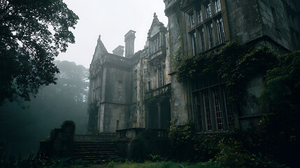 Obraz premium Ancient Stone Manor Overgrown With Ivy In Eerie Fog ancient manor overgrown ivy