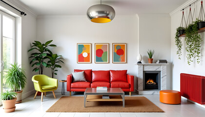 Stylish living room with a red sofa, modern artwork, and plants.
