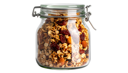 Glass jar filled with homemade organic granola, isolated on a transparent background
