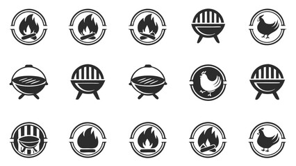 Clean vector illustrations: BBQ grill, campfire flames, and roasted chicken logos; simple, monochrome style; perfect for restaurant branding.