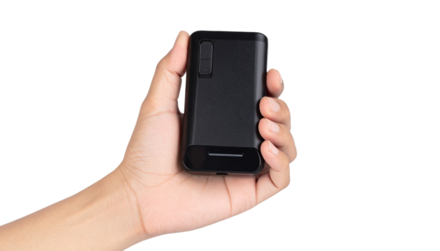 Hand holding solar-powered portable charger with LED indicator, isolated on a transparent background - Powered by Adobe