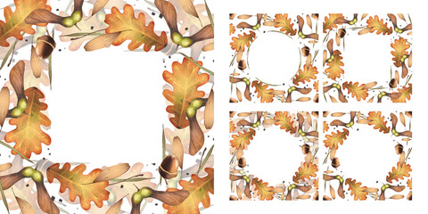 Set of autumn frames with leaves and acorns watercolor illustration. Templates of autumn fallen leaves for greeting cards, invitations and banners. Natural beauty