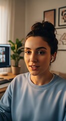 Fototapeta premium Confident young woman, representing Gen Z in the workplace, actively participating in a remote video conference from her stylish home office.
